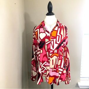 EUC Big Dart Pink & Red Heart Abstract Button Down Long Sleeve Shirt